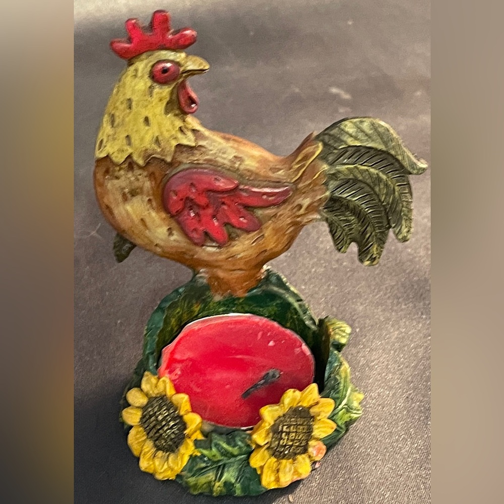 Rooster Tea-light Candle Holder With Sunflowers, 3 1/2” high